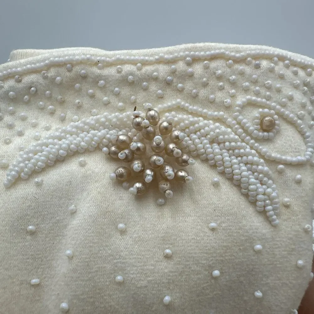 Vintage Beige Beaded Gloves Size Small